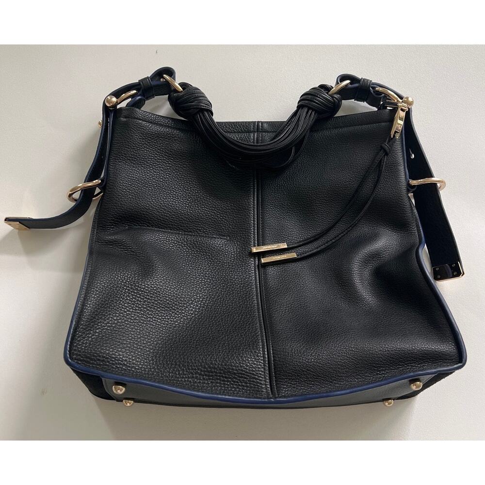 Stuart Weitzman Brigitte Pebbled Leather Hobo Bag Black Blue Gold Shoulder Tote - Picture 3 of 12